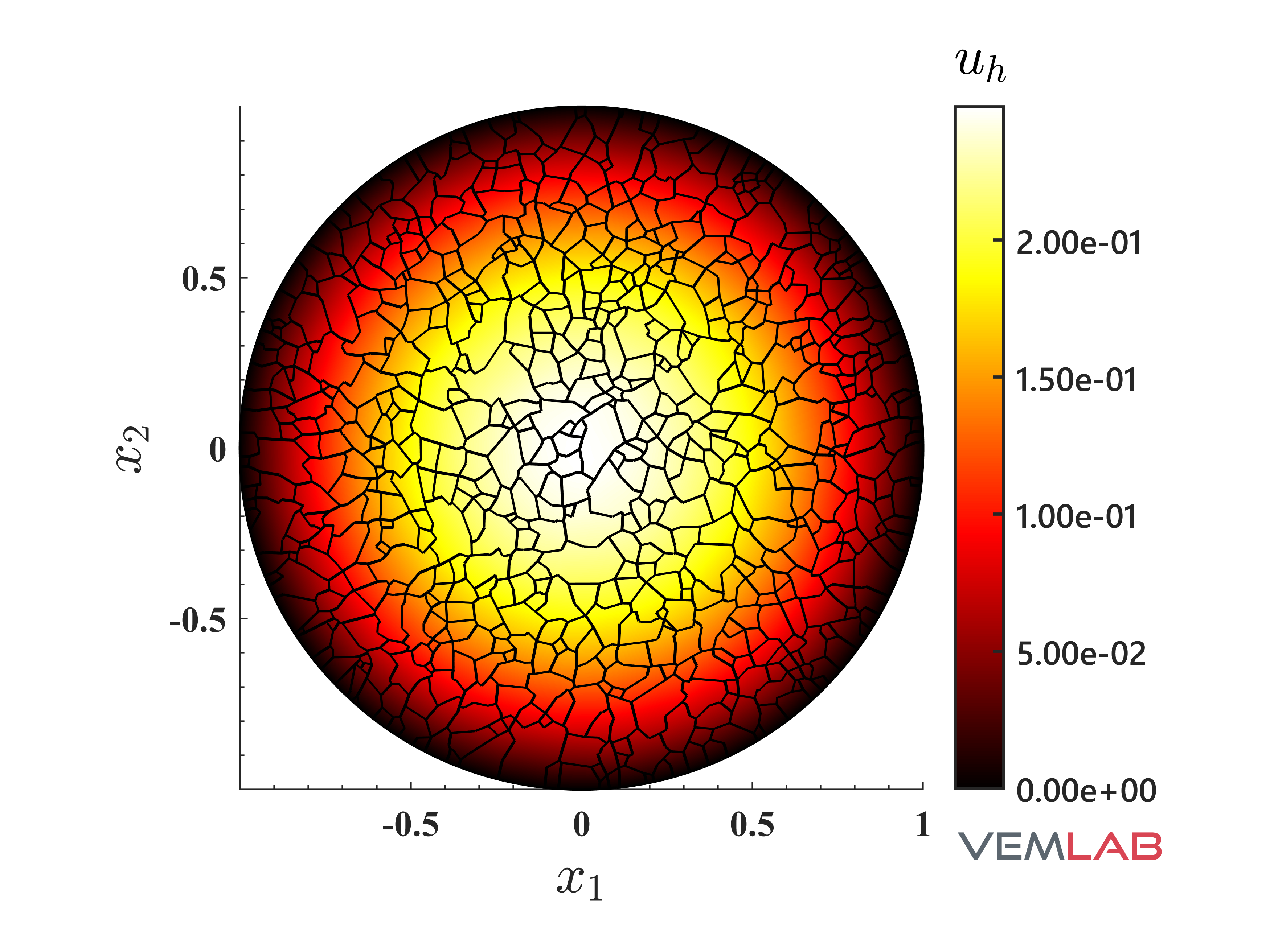 VEMLAB example — unit disk, displacement solution